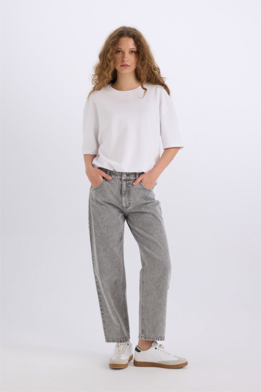 نساء رمادي سروال جينز بوي فريند بخصر عالي