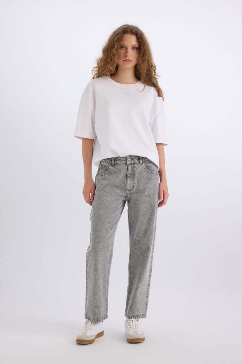 نساء رمادي سروال جينز بوي فريند بخصر عالي