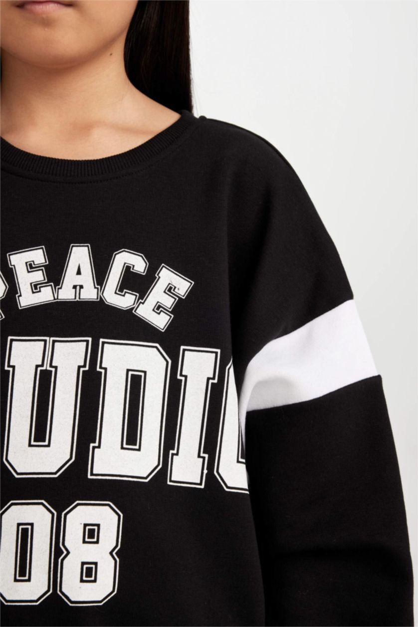 Kız Çocuk - Genç Kız Siyah Siyah Relax Fit Bisiklet Yaka Baskılı Sweatshirt Kız Çocuk