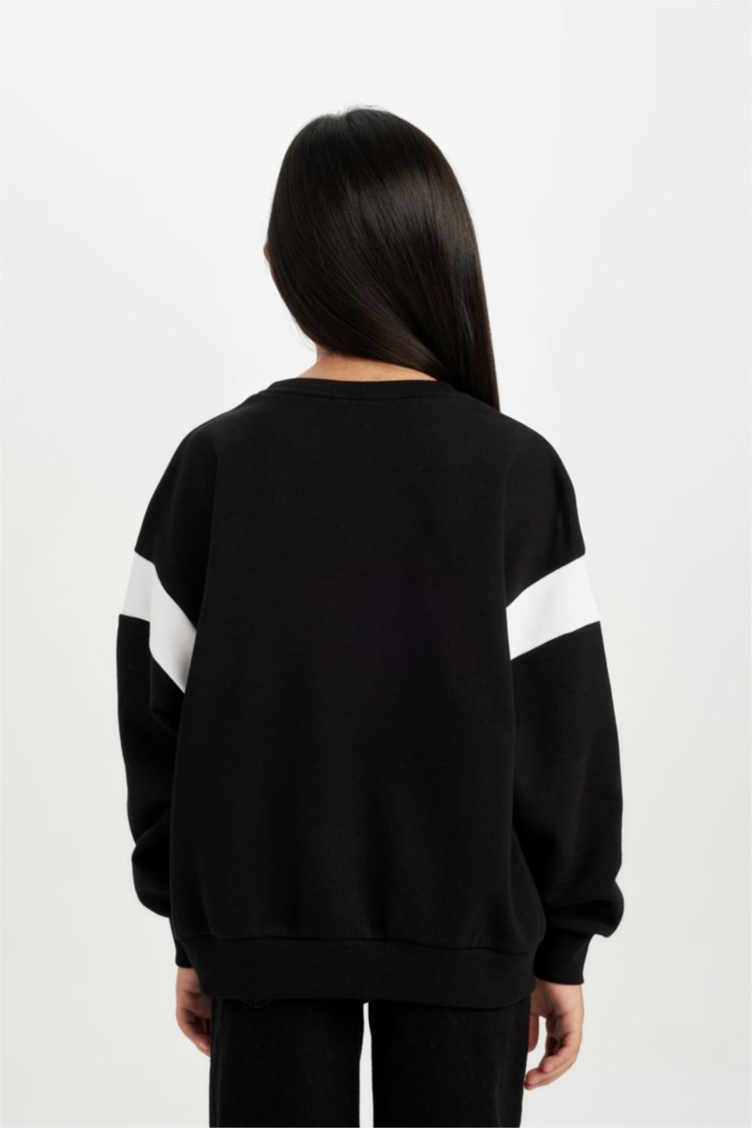 Kız Çocuk - Genç Kız Siyah Siyah Relax Fit Bisiklet Yaka Baskılı Sweatshirt Kız Çocuk