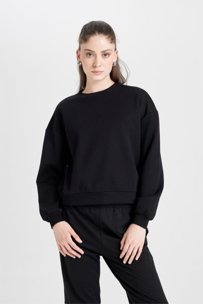 WOMAN Black Regular Fit Thick Sweatshirt Fabric Sweatshirt