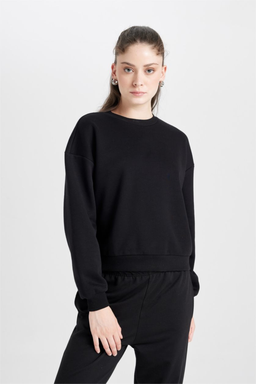 WOMAN Black Regular Fit Thick Sweatshirt Fabric Sweatshirt