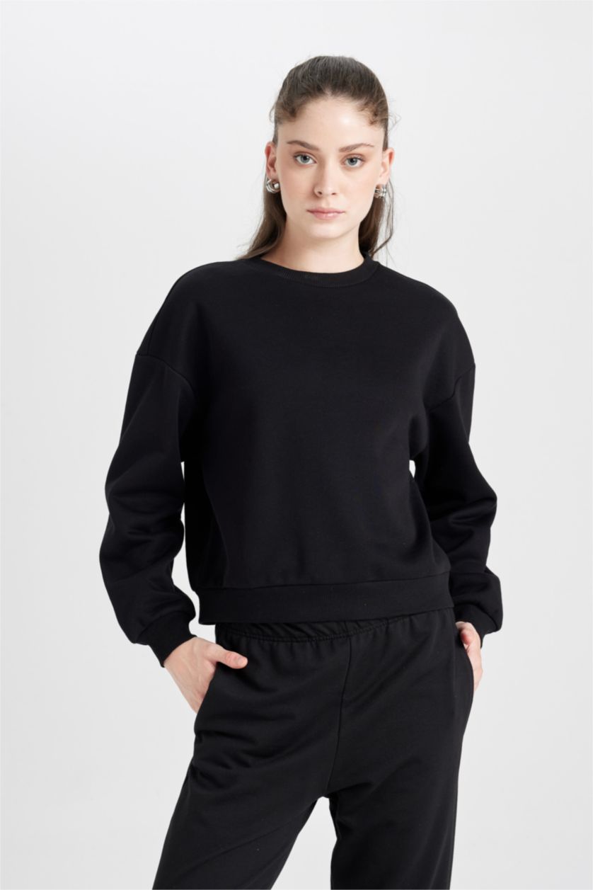 WOMAN Black Regular Fit Thick Sweatshirt Fabric Sweatshirt