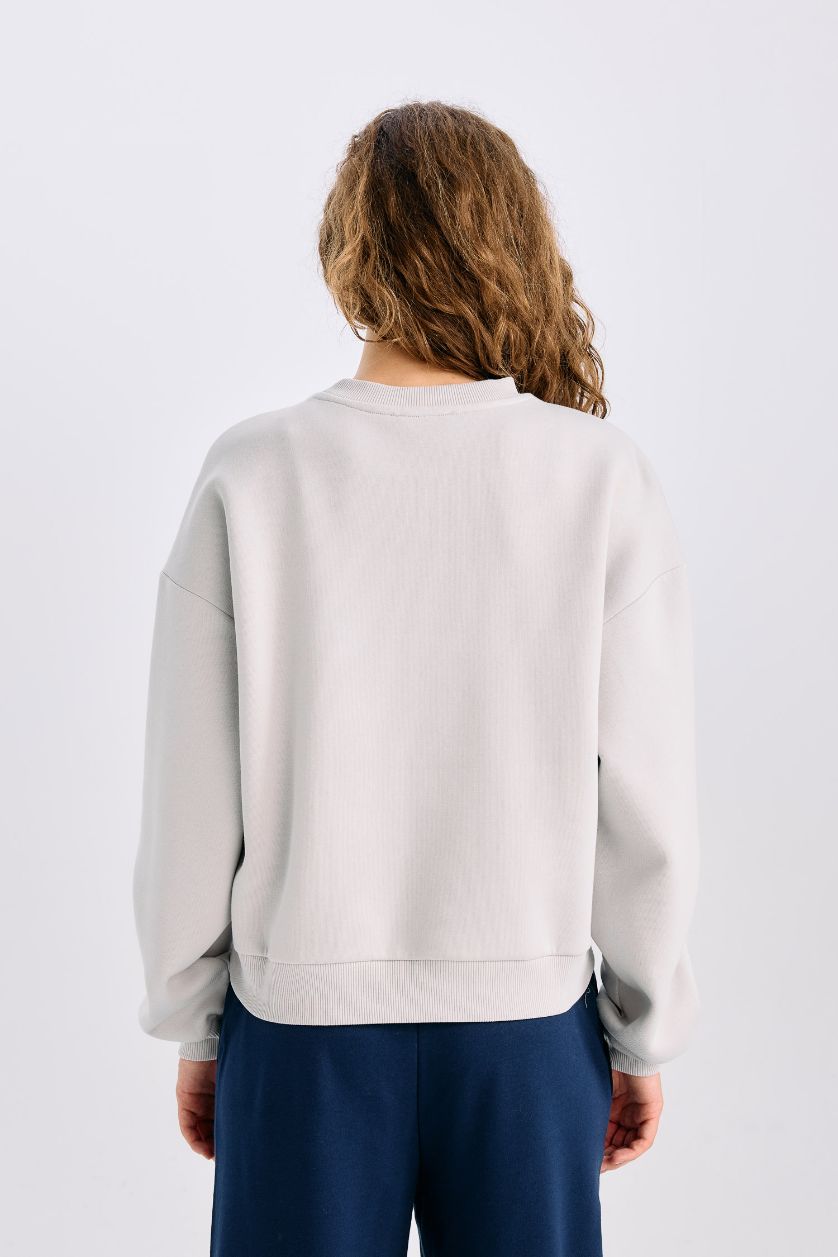 Kadın Açık Gri Regular Fit Bisiklet Yaka Kalın Basic Düz Sweatshirt