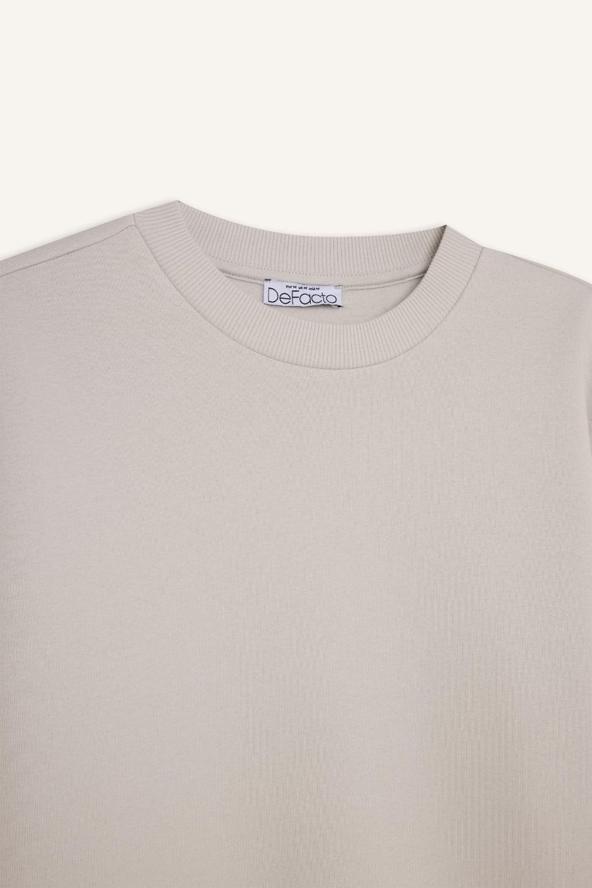 Kadın Açık Gri Regular Fit Bisiklet Yaka Kalın Basic Düz Sweatshirt