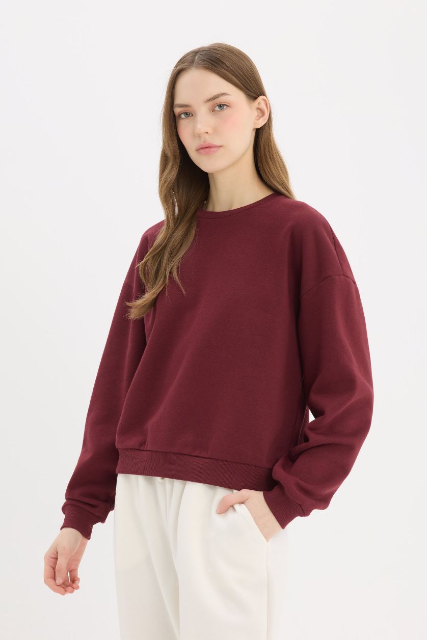 Kadın Bordo Regular Fit Bisiklet Yaka Kalın Basic Düz Sweatshirt