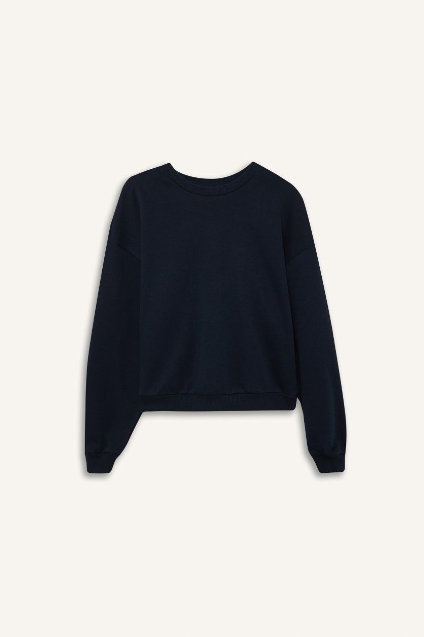 نساء كحلي سويت شيرت سادة تقيل قصة عادية بياخة مستديرة