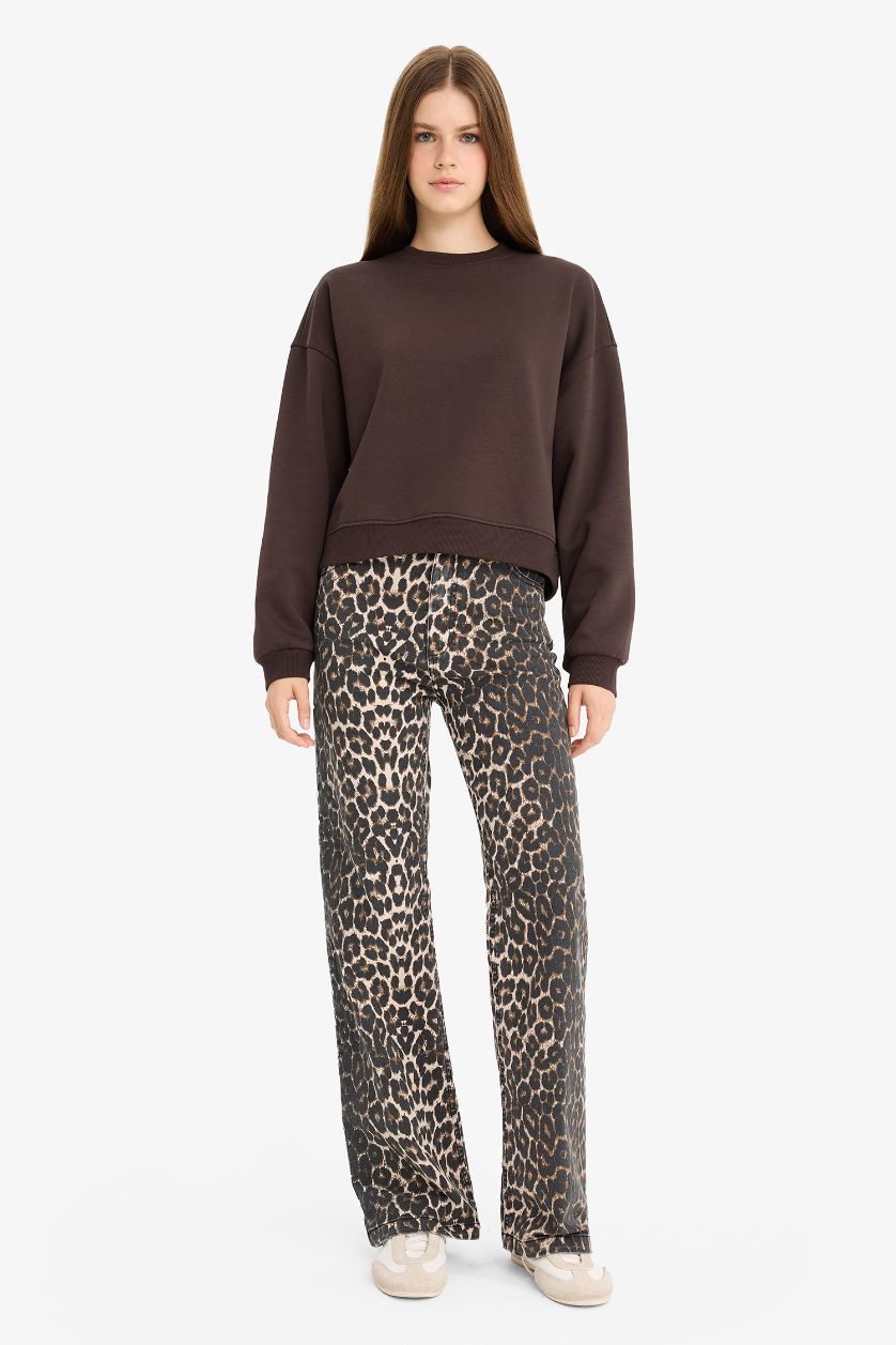 Kadın Kahve Regular Fit Bisiklet Yaka Kalın Basic Düz Sweatshirt