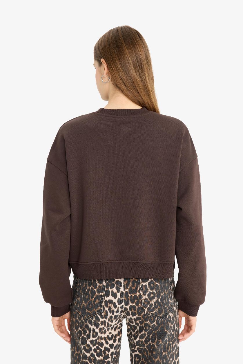 Kadın Kahve Regular Fit Bisiklet Yaka Kalın Basic Düz Sweatshirt