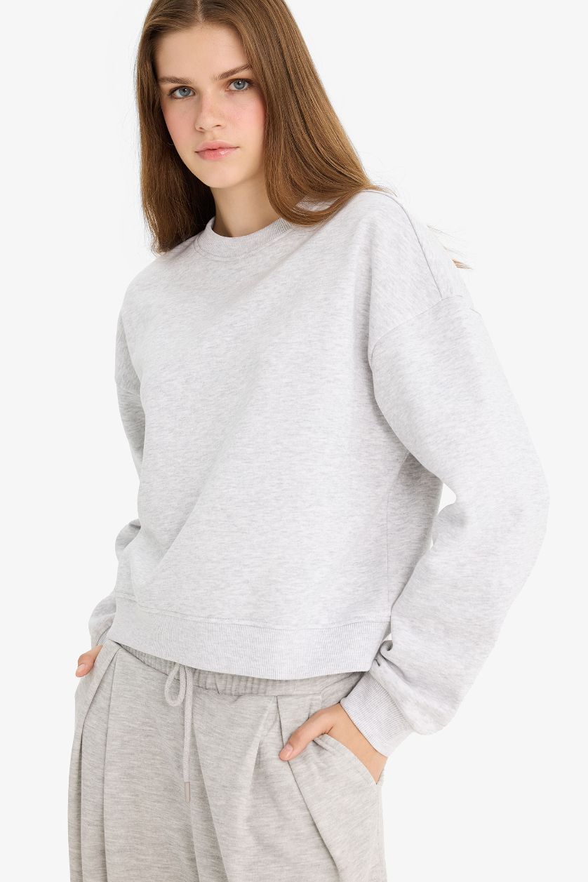 WOMAN Grey Melange Regular Fit Thick Fabric Basic Sweatshirt