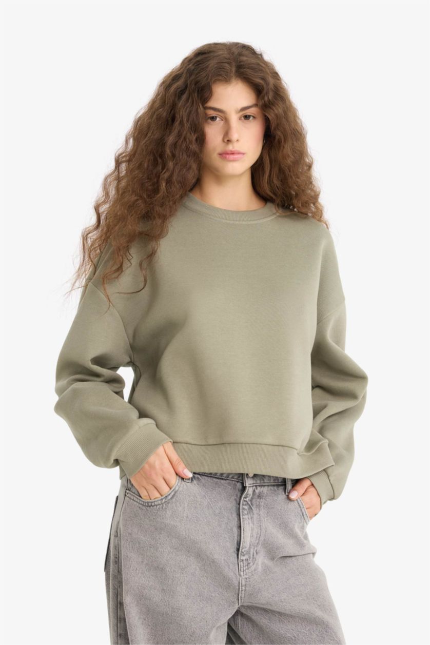 Woman Light Khaki Regular Fit Long Sleeve Sweatshirt