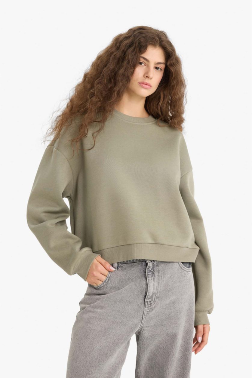 Woman Light Khaki Regular Fit Long Sleeve Sweatshirt