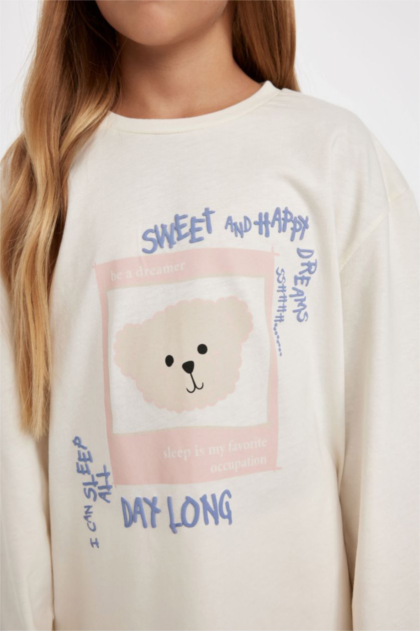 بنات اللون الرملي طقم بيجاما بناتي محاك قصة عادية - قطعتين