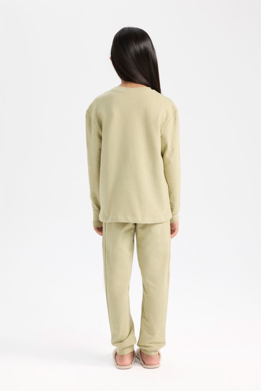 Kız Çocuk - Genç Kız Açık Haki Pijama Takımı Baskılı Uzun Kollu Üst Beli Lastikli Uzun Alt Kız Çocuk