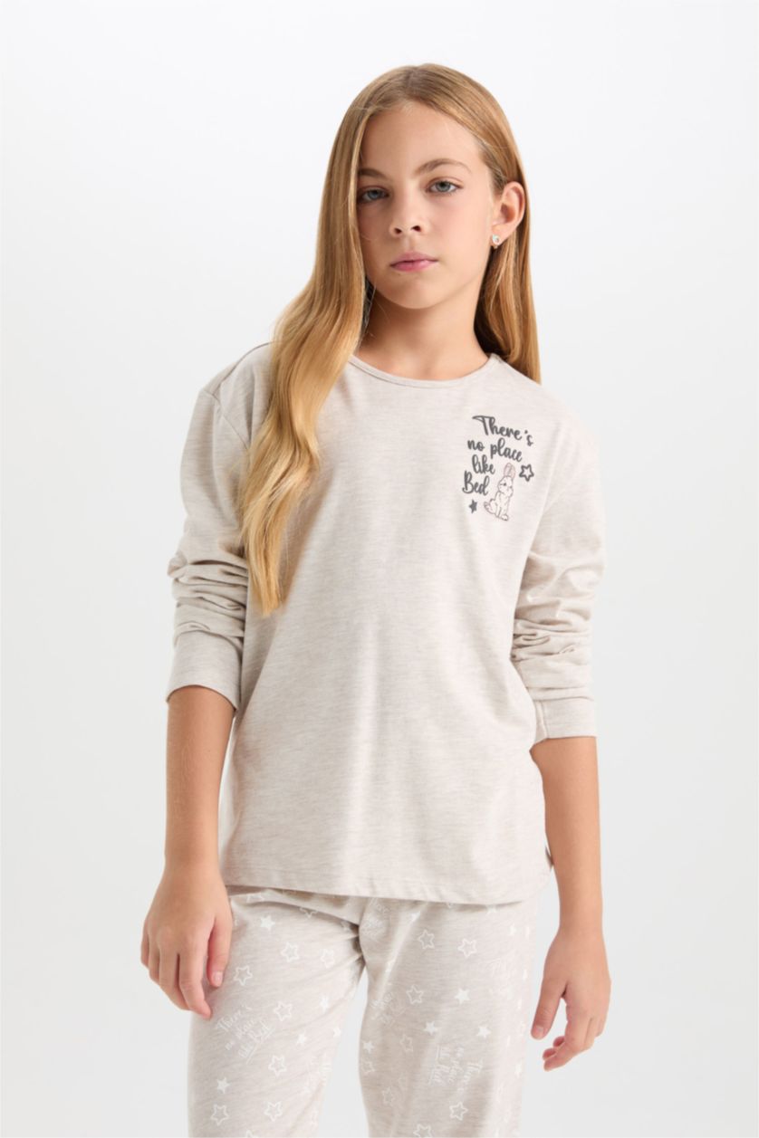 FILLES Écru Ensemble Pyjama pour Fille à manches longues imprimé et Bas avec taille élastique