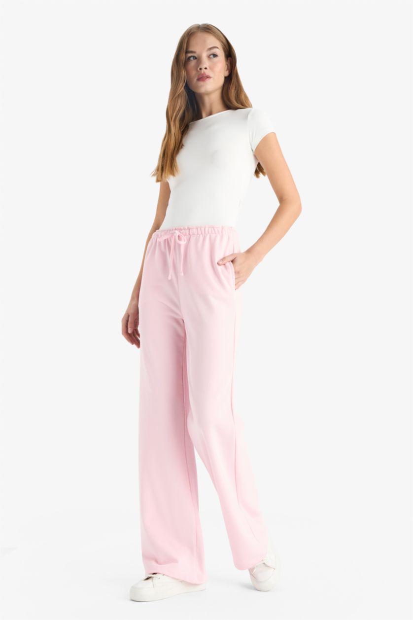 WOMAN Pink Straight Fit Wide Leg Basic Pocketed Sweatpants