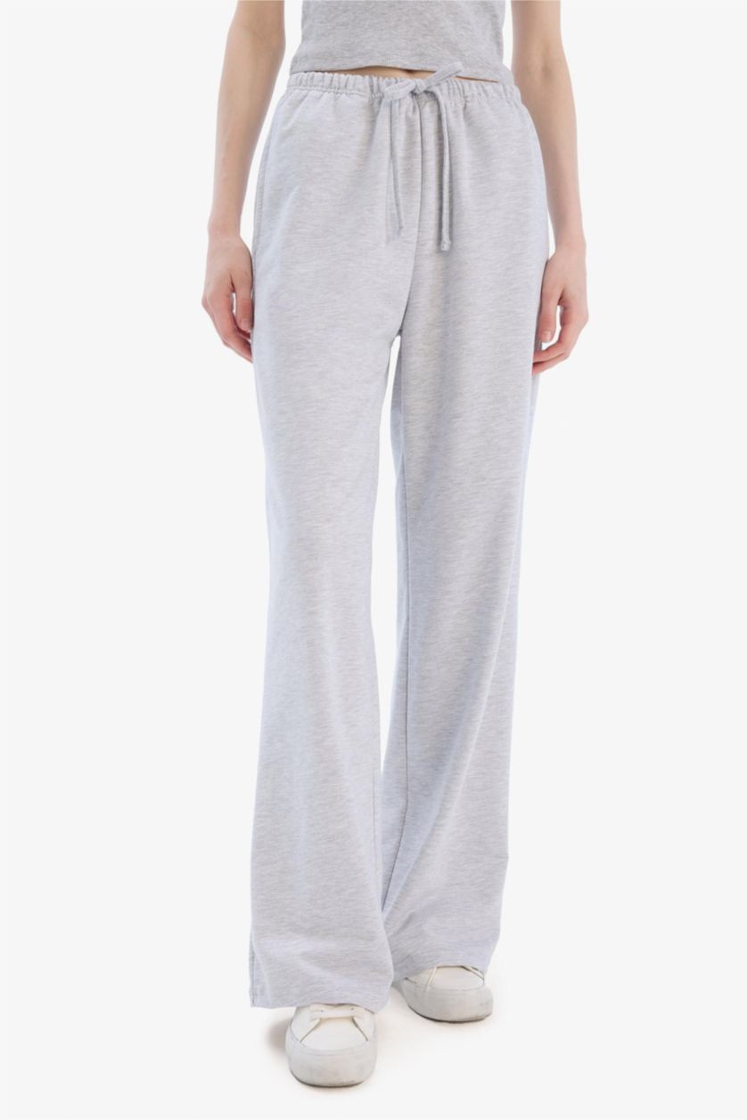 Kadın Gri Melanj Straight Fit Beli Bağcıklı Basıc Eşofman Altı