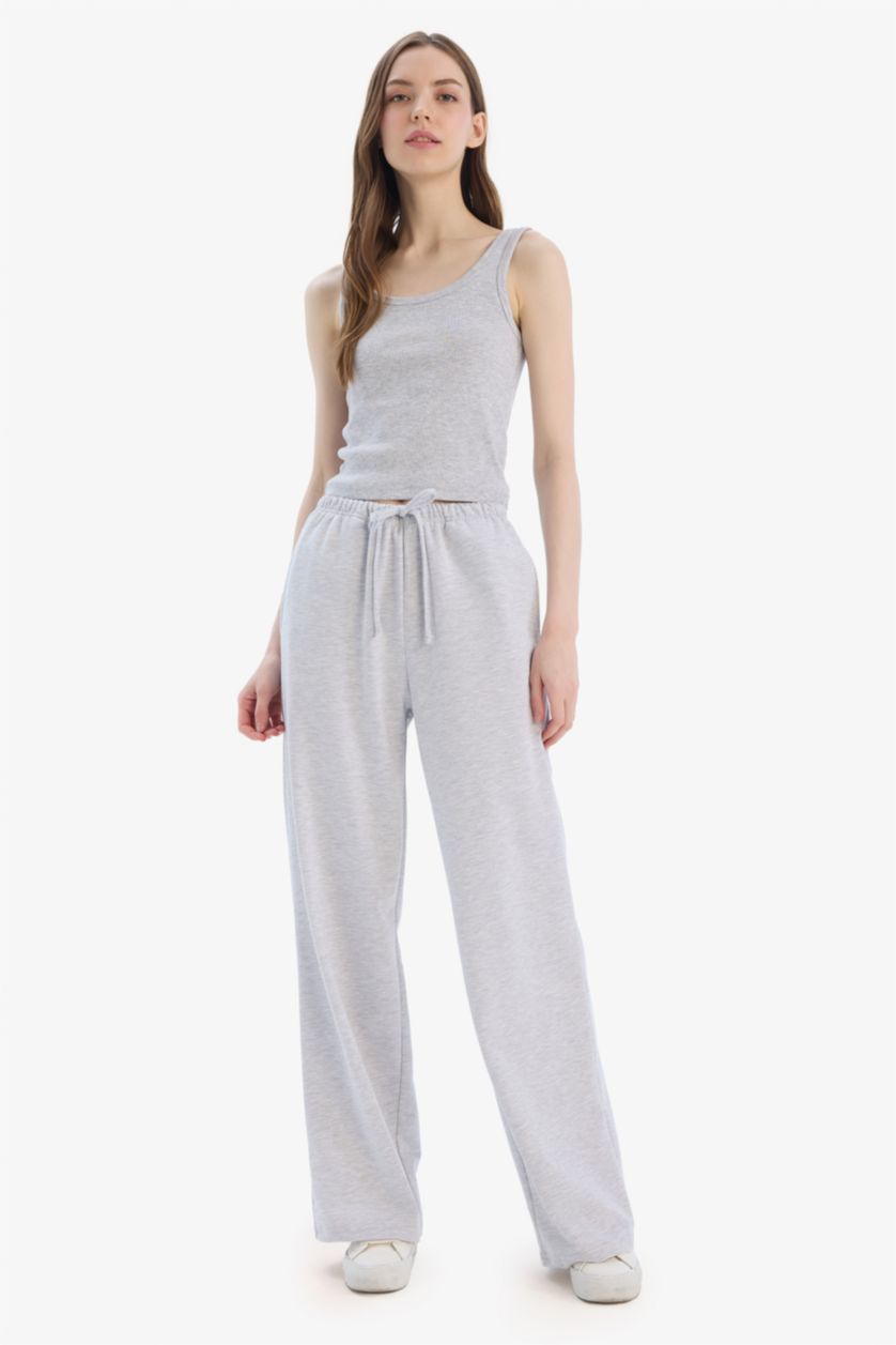 Kadın Gri Melanj Straight Fit Beli Bağcıklı Basıc Eşofman Altı