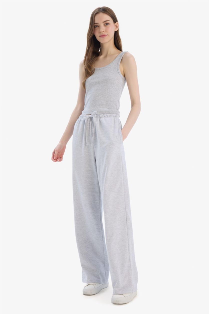 Kadın Gri Melanj Straight Fit Beli Bağcıklı Basıc Eşofman Altı