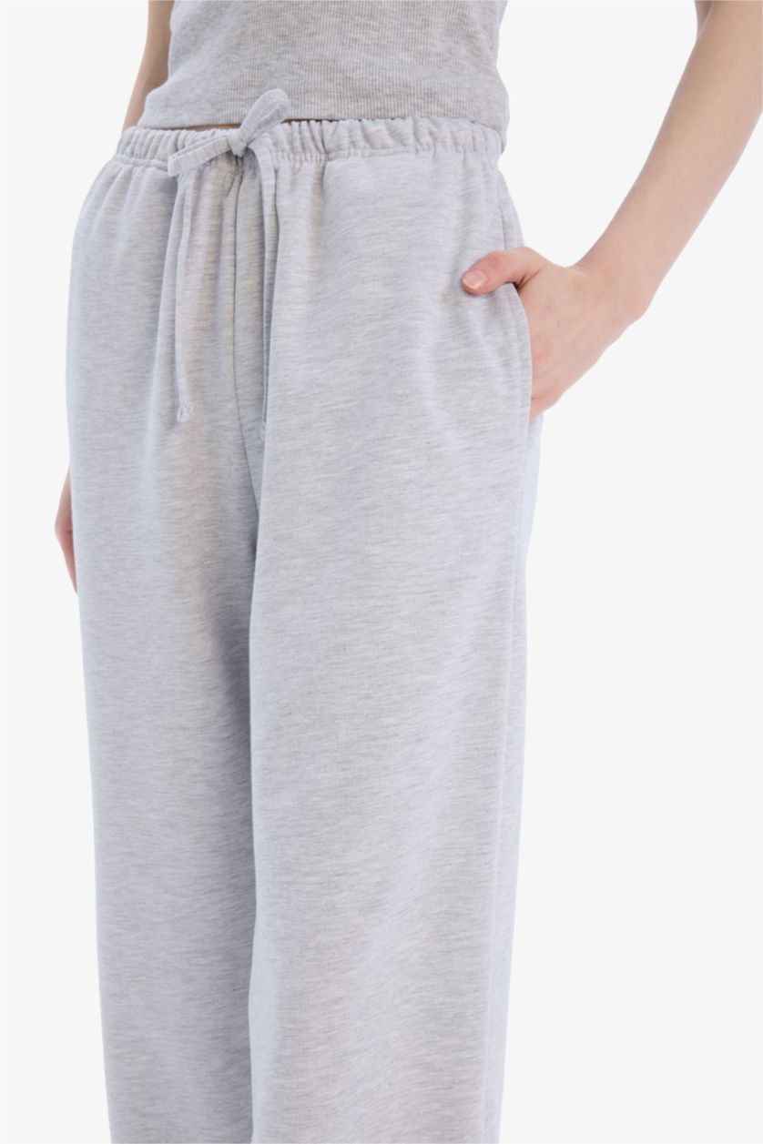 Kadın Gri Melanj Straight Fit Beli Bağcıklı Basıc Eşofman Altı