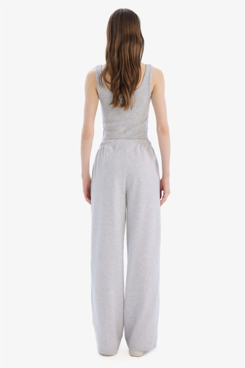 Kadın Gri Melanj Straight Fit Beli Bağcıklı Basıc Eşofman Altı