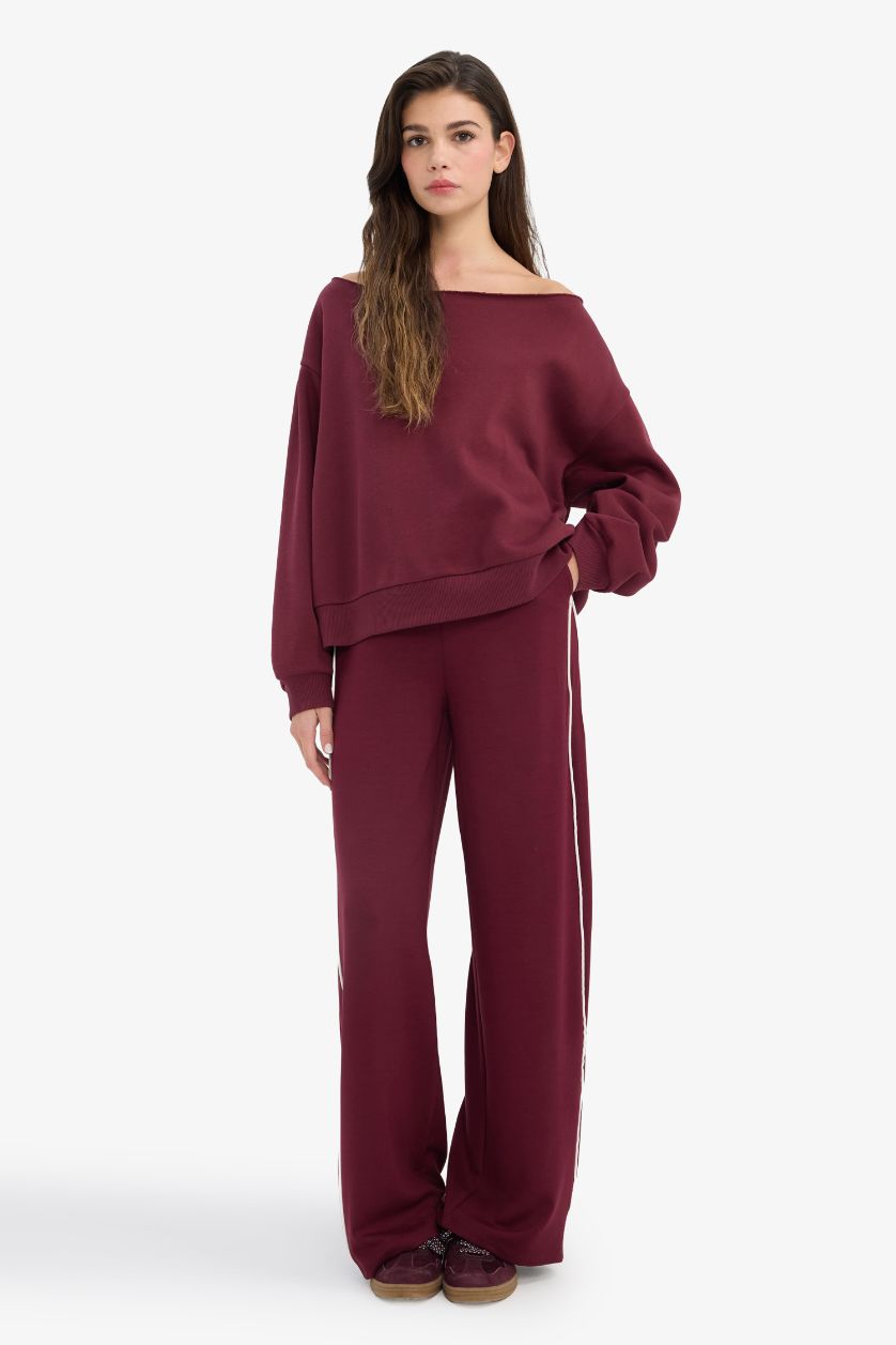 Kadın Bordo Straight Fit Cepli Düz Paça Eşofman Altı