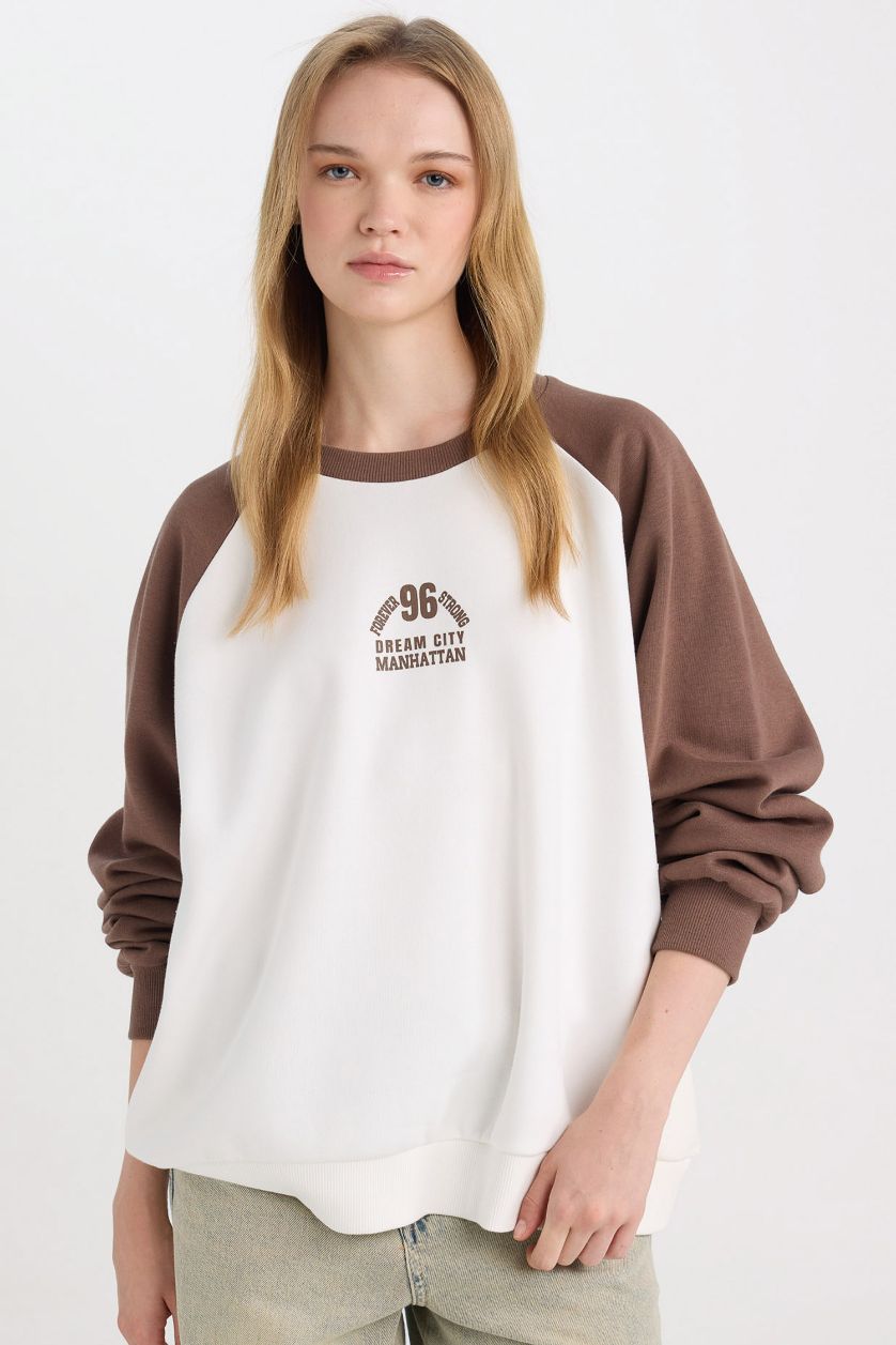 WOMAN Brown Loose Fit Crew Neck Printed Color Block Sweatshirt