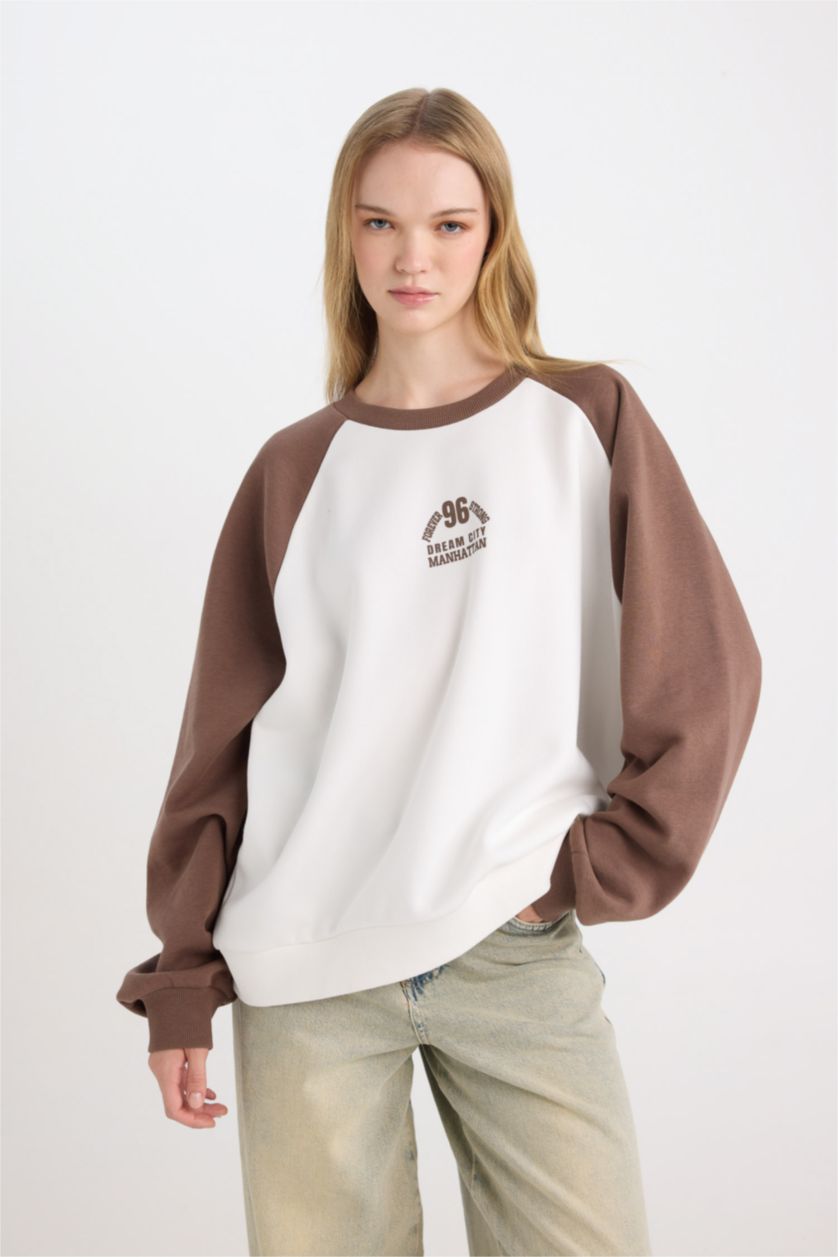 WOMAN Brown Loose Fit Crew Neck Printed Color Block Sweatshirt