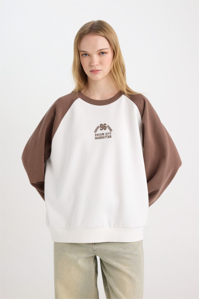 WOMAN Brown Loose Fit Crew Neck Printed Color Block Sweatshirt