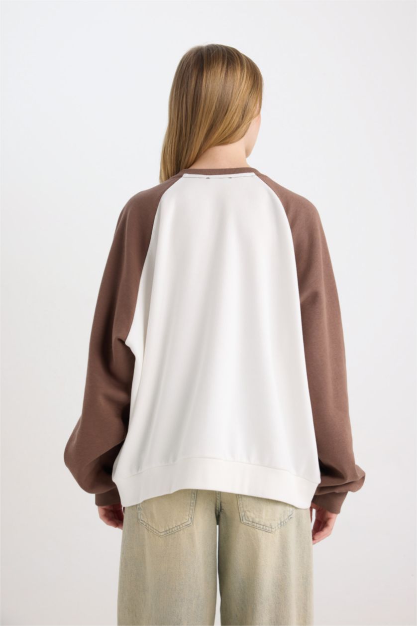 WOMAN Brown Loose Fit Crew Neck Printed Color Block Sweatshirt