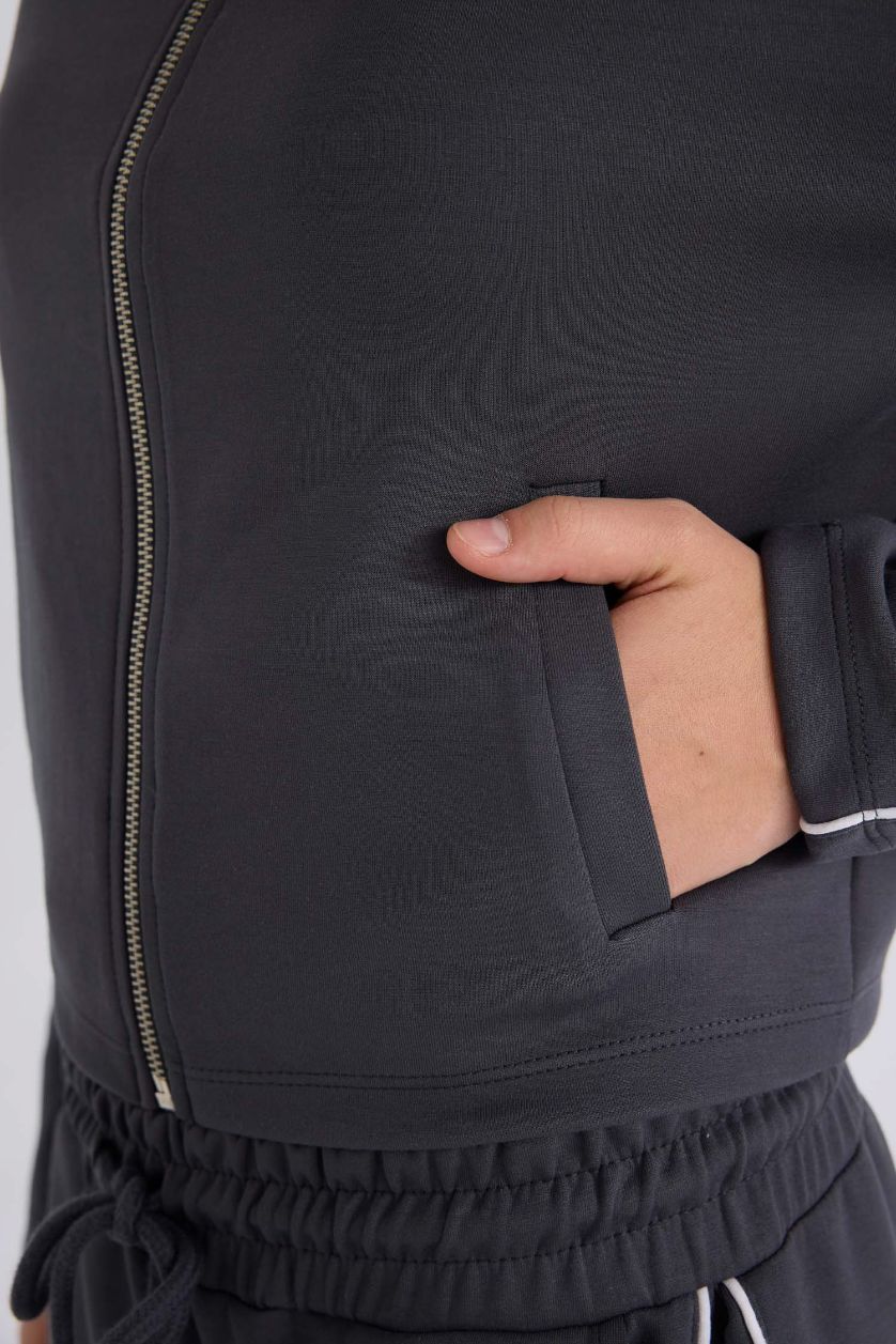 Kadın Antrasit Fitted Yarım Balıkçı Yaka Modal Fermuarlı Hırka