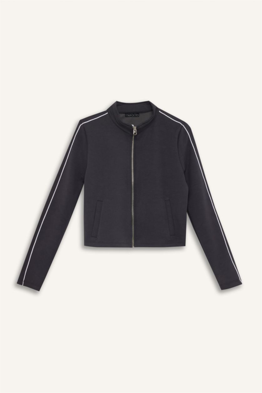 Kadın Antrasit Fitted Yarım Balıkçı Yaka Modal Fermuarlı Hırka