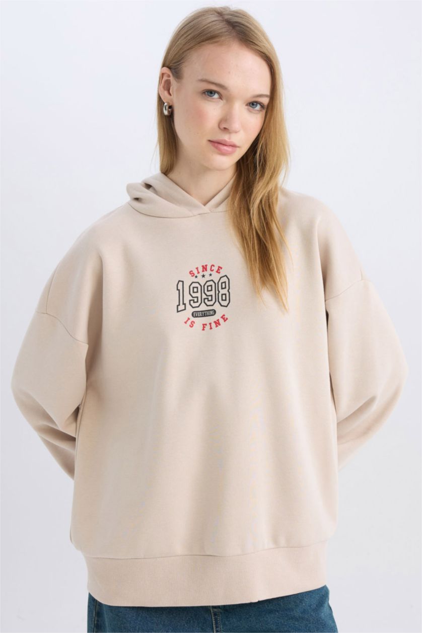 Kadın Kum Loose Fit Baskılı Kapüşonlu Sweatshirt
