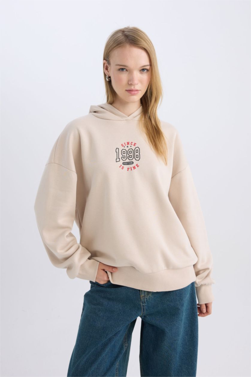 Kadın Kum Loose Fit Baskılı Kapüşonlu Sweatshirt