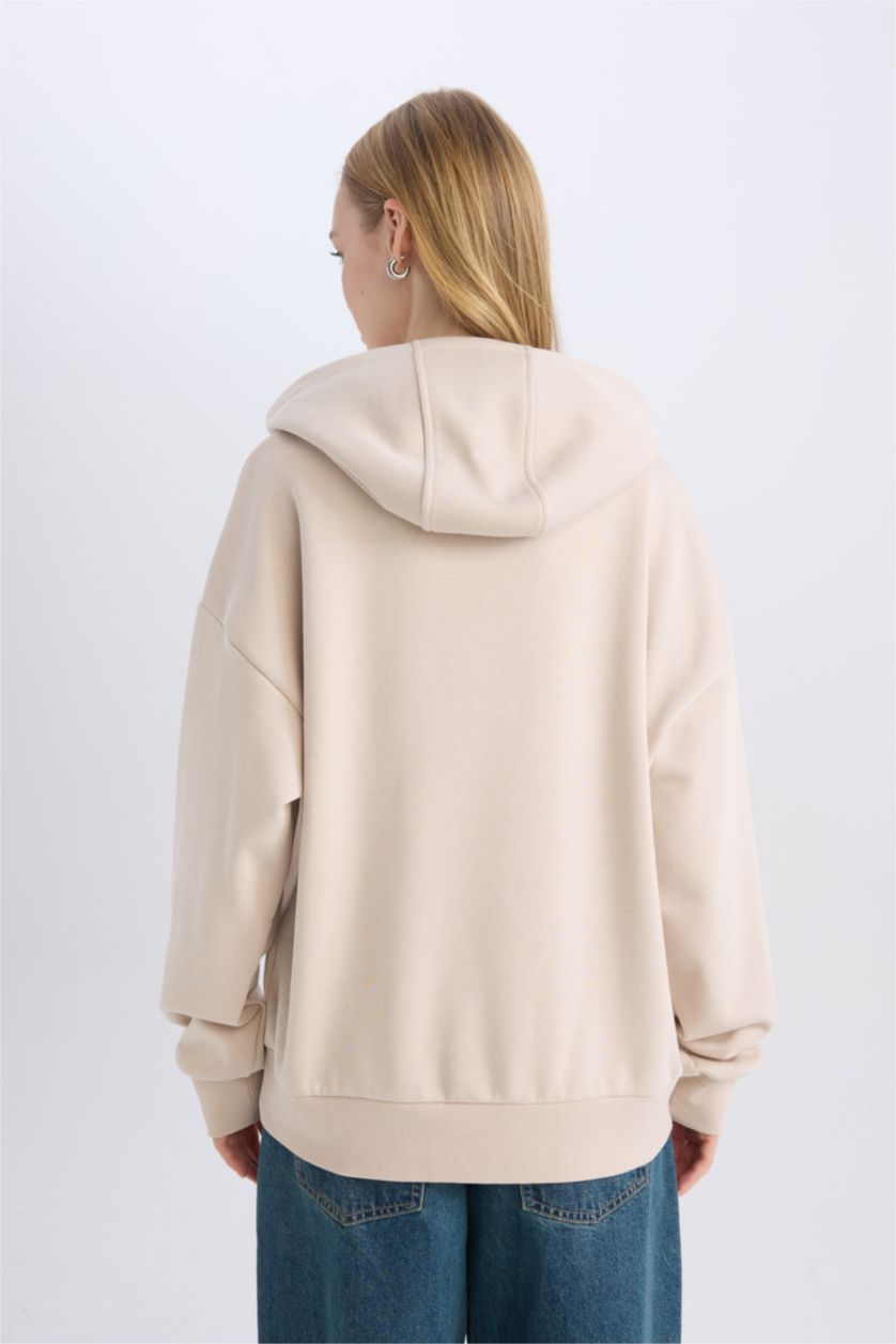 Kadın Kum Loose Fit Baskılı Kapüşonlu Sweatshirt