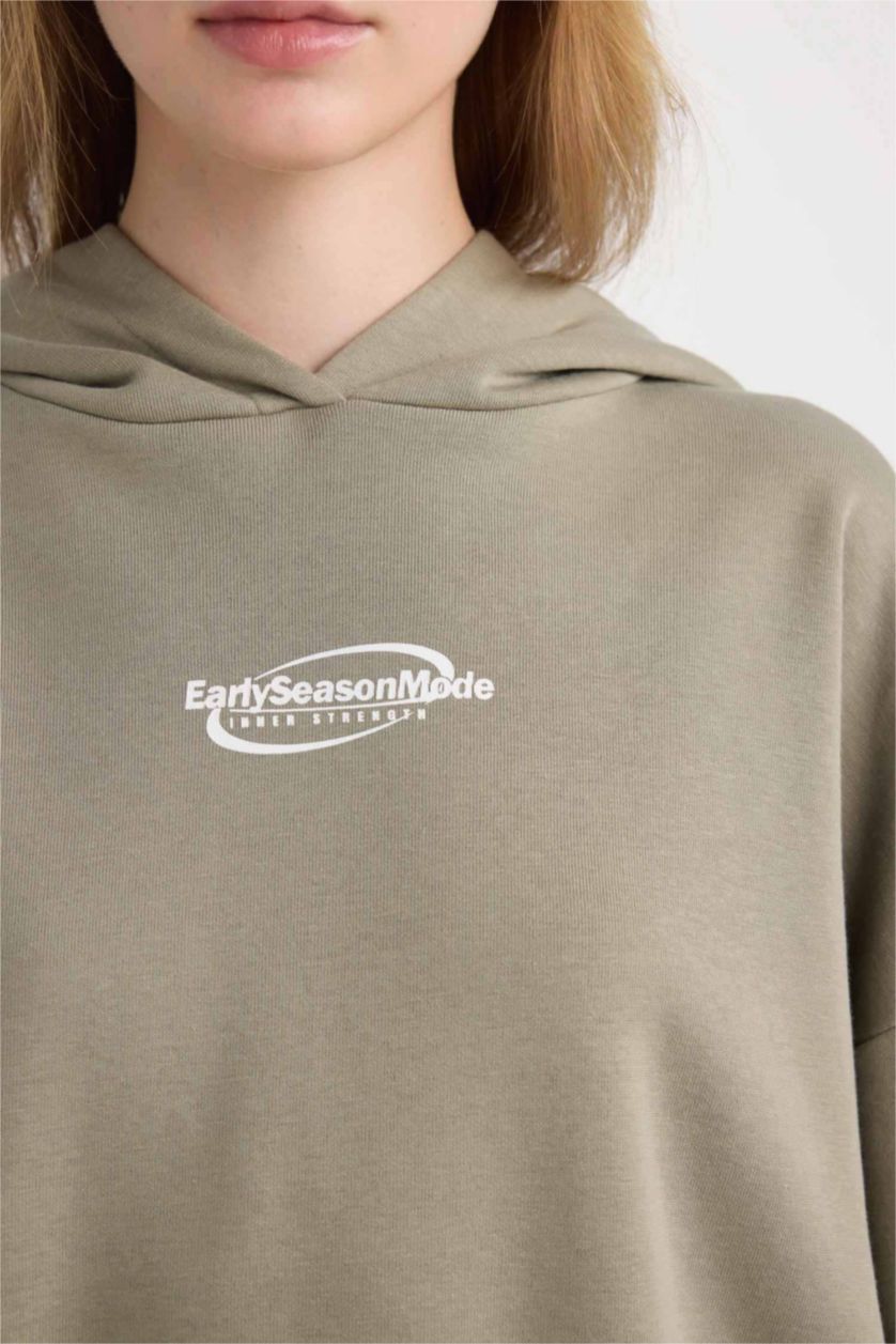 Kadın Açık Haki Loose Fit Baskılı Kapüşonlu Sweatshirt