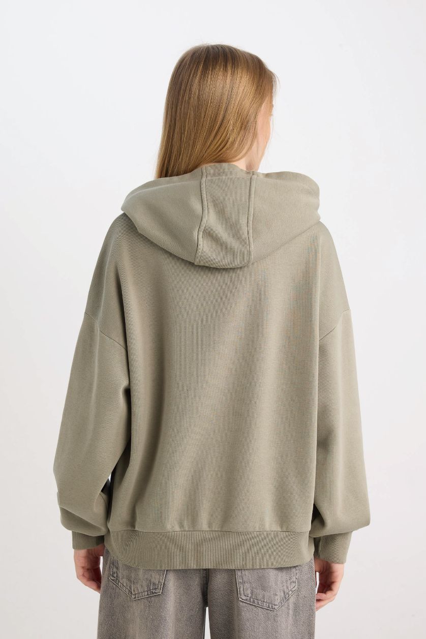 Kadın Açık Haki Loose Fit Baskılı Kapüşonlu Sweatshirt