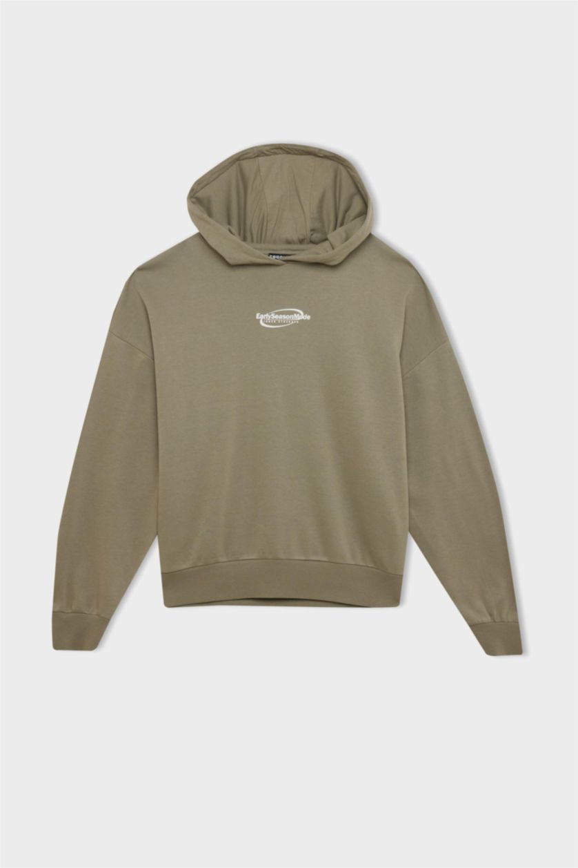 Kadın Açık Haki Loose Fit Baskılı Kapüşonlu Sweatshirt