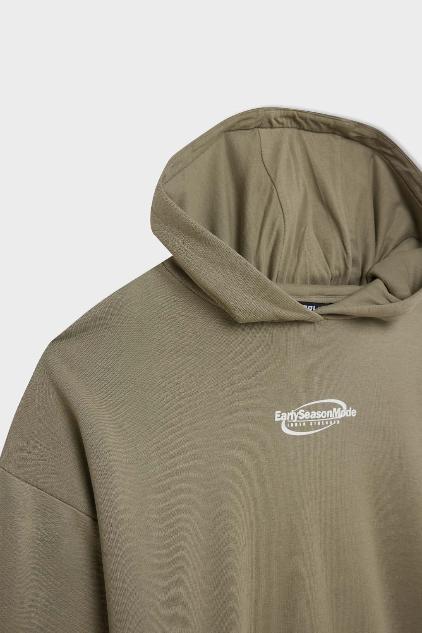 Kadın Açık Haki Loose Fit Baskılı Kapüşonlu Sweatshirt