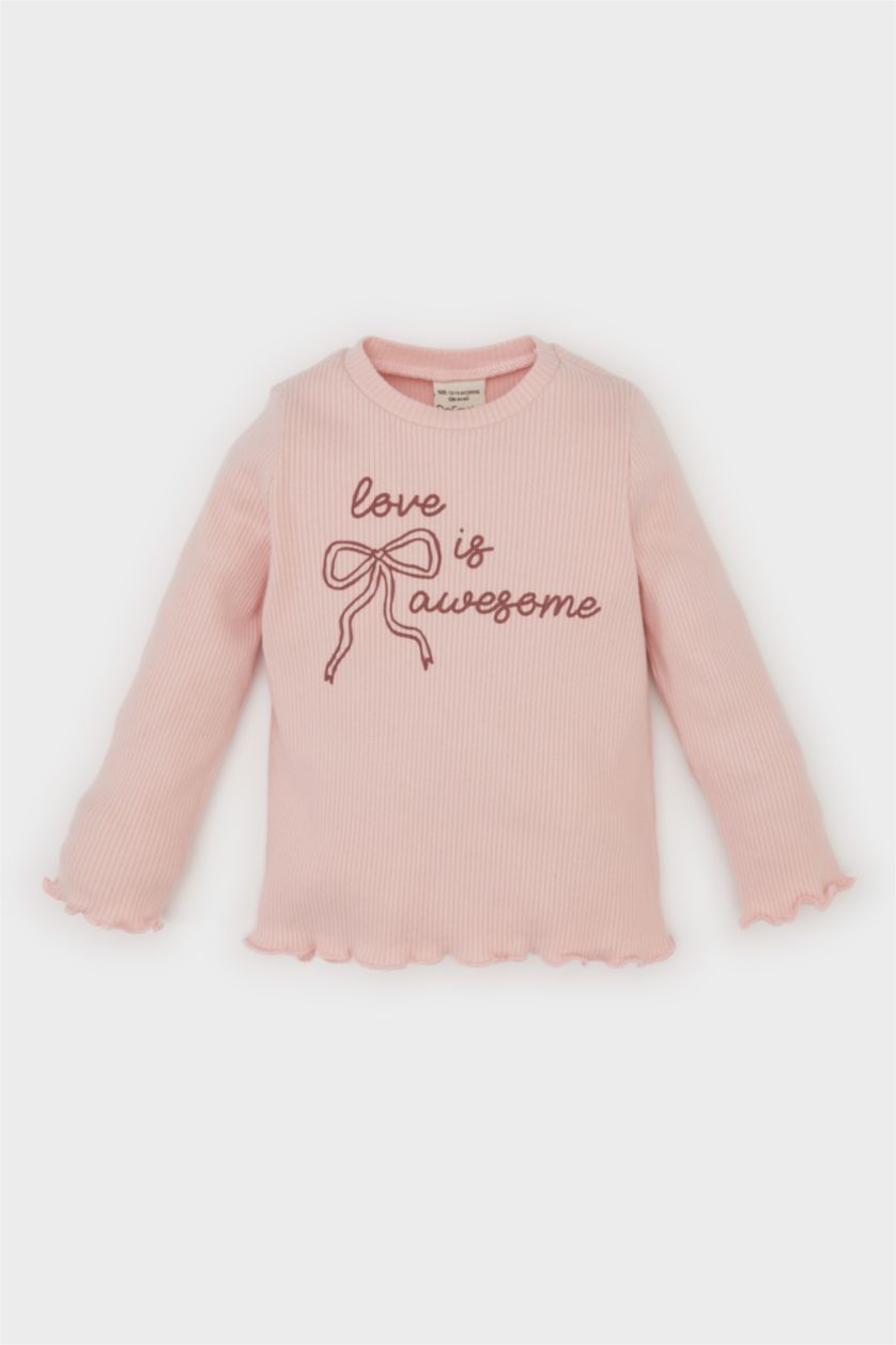 BABY GIRL Pink Baby Girl Crew Neck Printed Corduroy T-Shirt