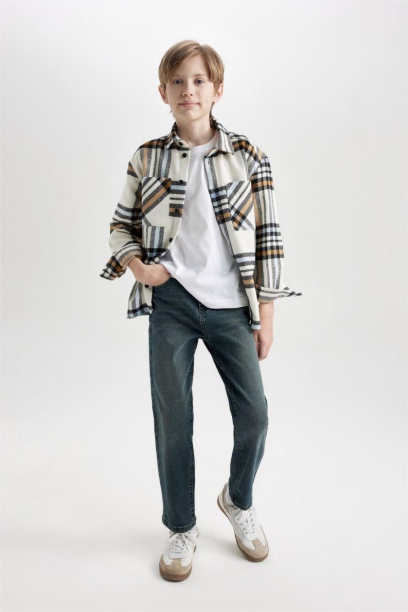 BOYS & TEENS Ecru Boy Oversize Fit Flannel Pocket Checked Polo Shirt