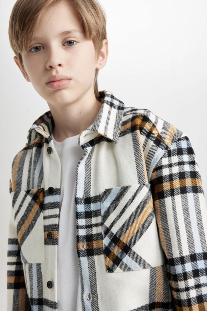 BOYS & TEENS Ecru Boy Oversize Fit Flannel Pocket Checked Polo Shirt