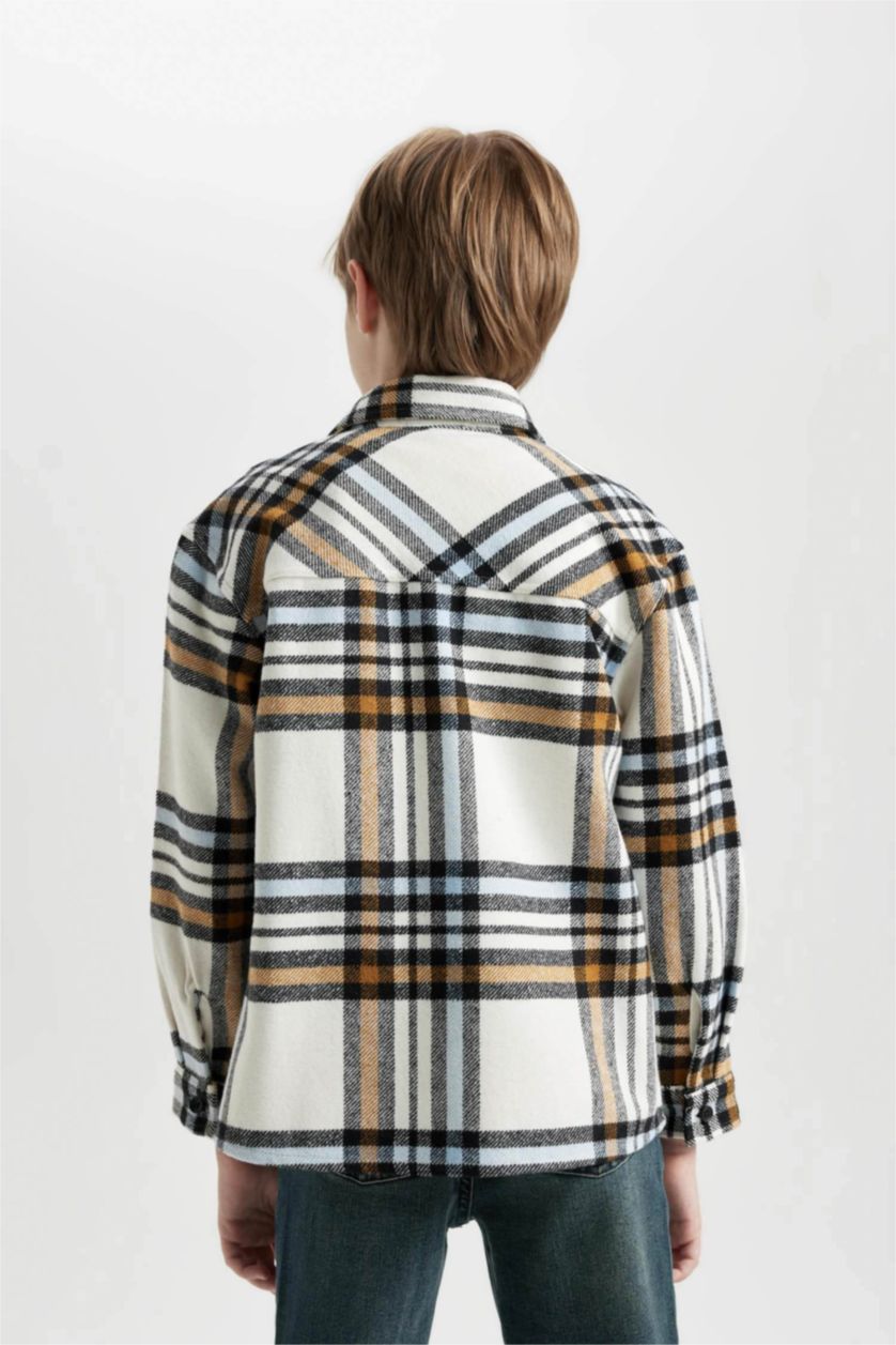 BOYS & TEENS Ecru Boy Oversize Fit Flannel Pocket Checked Polo Shirt