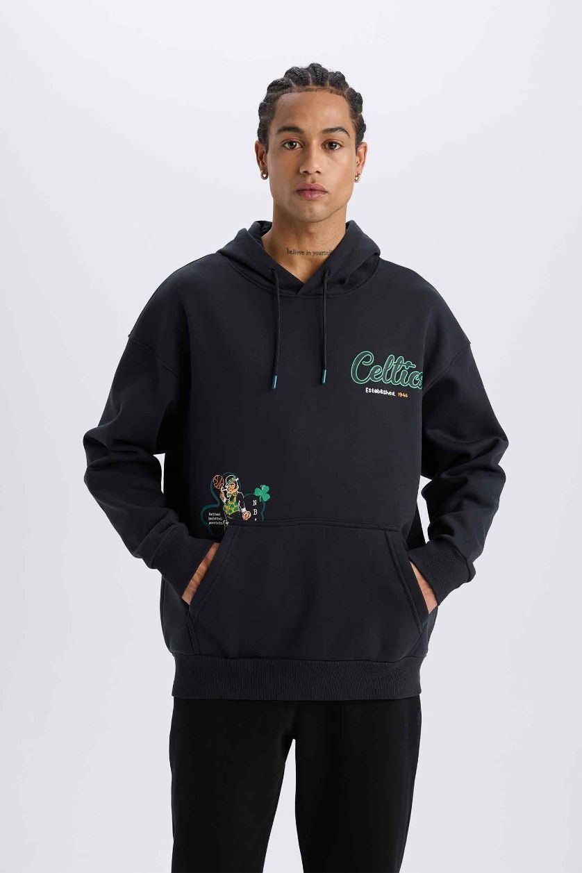 Erkek Siyah NBA Boston Celtics Oversize Geniş Kalıp Kapüşonlu Sırt Baskılı Kalın Sweatshirt