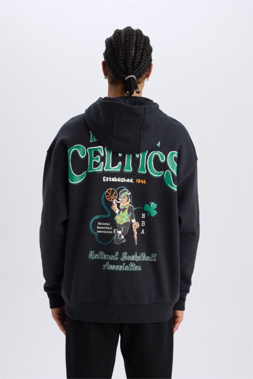 Erkek Siyah NBA Boston Celtics Oversize Geniş Kalıp Kapüşonlu Sırt Baskılı Kalın Sweatshirt