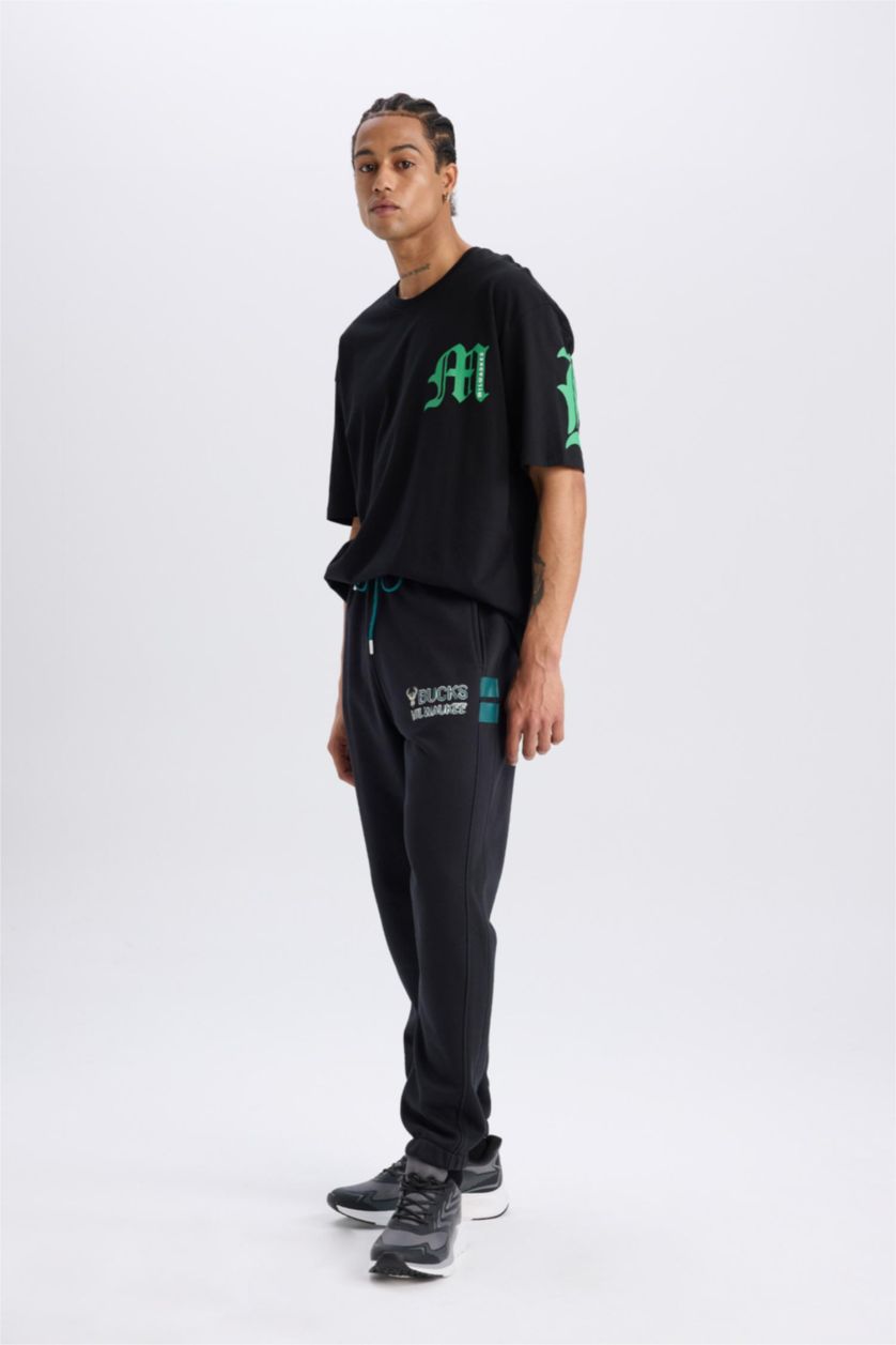 MAN Black DeFactoFit NBA Milwaukee Bucks Standard Fit Thick Sports Jogger Sweatpants