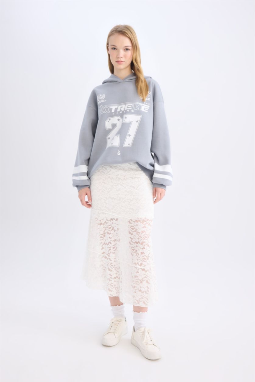 Kadın Açık Gri Oversize Geniş Kalıp Kapüşonlu Baskılı Kalın Sweatshirt