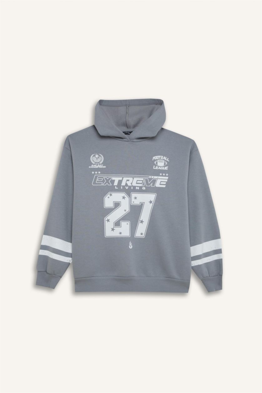 Kadın Açık Gri Oversize Geniş Kalıp Kapüşonlu Baskılı Kalın Sweatshirt