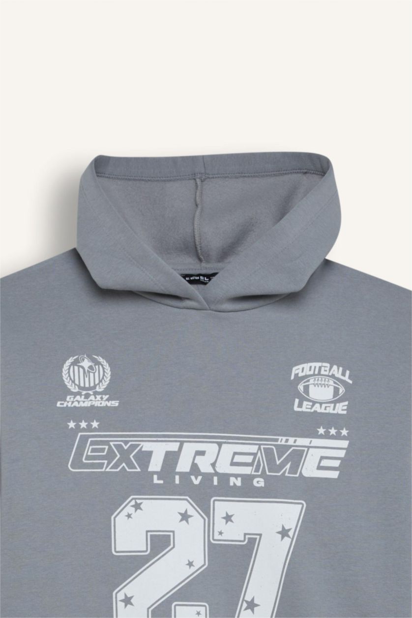 Kadın Açık Gri Oversize Geniş Kalıp Kapüşonlu Baskılı Kalın Sweatshirt