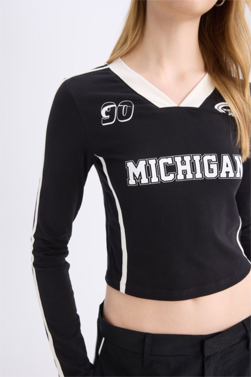 Kadın Siyah Fitted Baskılı Uzun Kollu Tişört